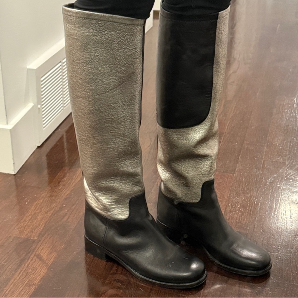 Chanel Black and Silver Knee-High Riding Style Boots